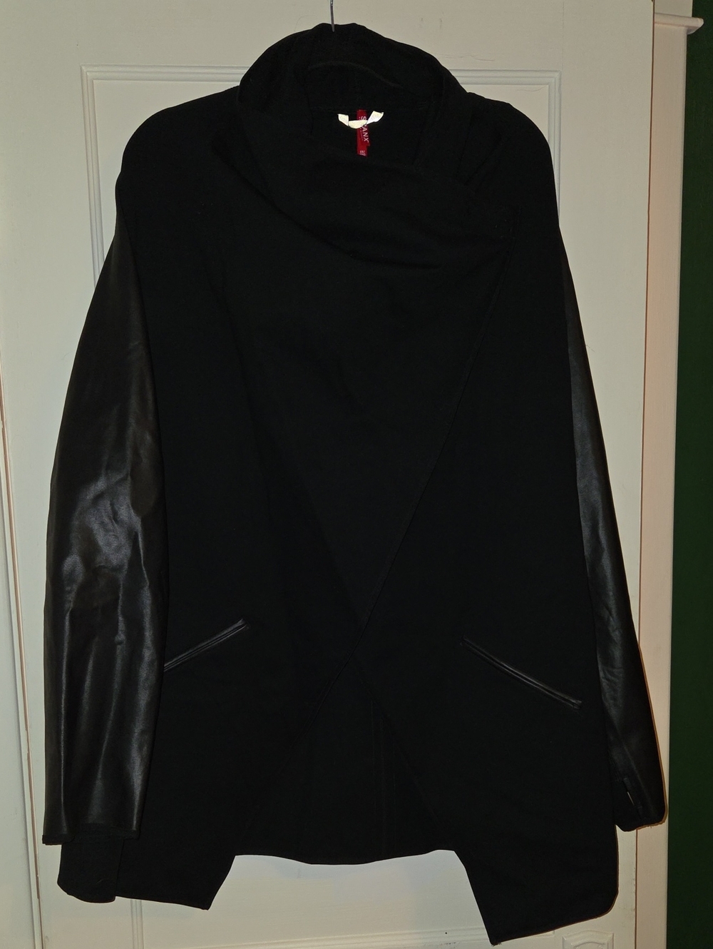 SPANX Black Hooded Jacket with Faux Leather Sleeves